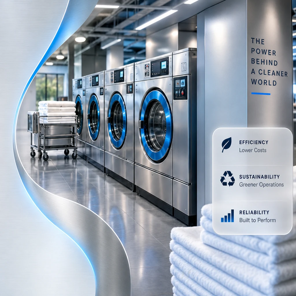 A premium commercial laundry facility with stainless washers, folded towels, and efficiency features